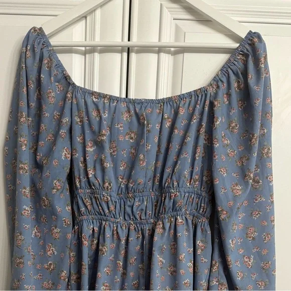 Streetwear Society Medium Blue Long Sleeve V-Neck Mini Dress w/Pink Floral Print - Picture 6 of 8